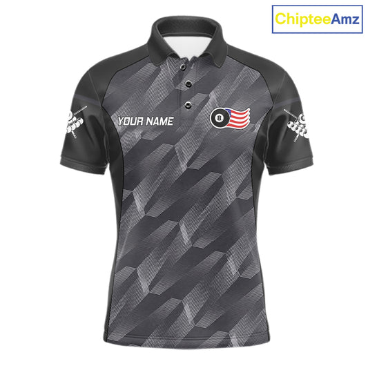 Metal grey American flag 8 ball billiard polo shirt for men with patriotic pool team graphics.