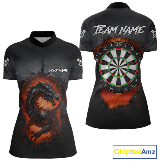 Personalized Grunge Dragon Womens Dart Shirts Custom Black Grey Dart Jerseys Team Polo & 1/4 Zip TDM5180