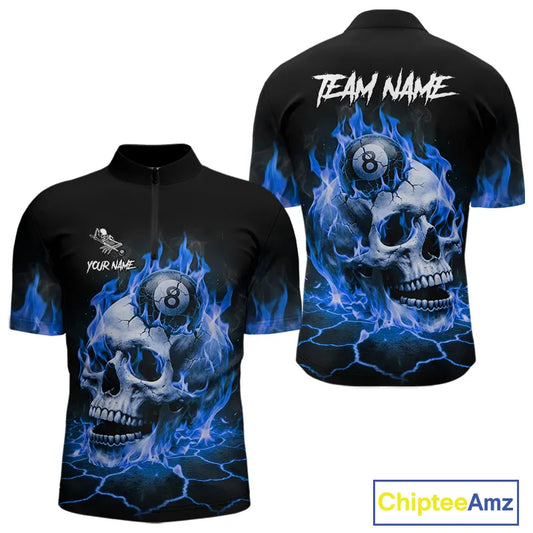 Blue Flaming Skull 8 Ball Billiard Shirt For Men Custom Pool Team Jersey Polo & Quarter Zip TDM5422