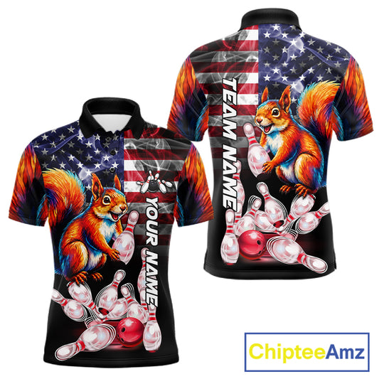 Smoke American Flag Squirrel Bowling Custom Polo Shirt For Men Patriotic Bowling League Team Jersey