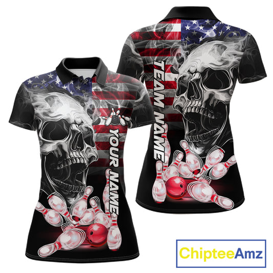 2. Smoke American Flag Skull Bowling Custom Polo Shirt For Women Patriotic Bowling League Team Jersey
