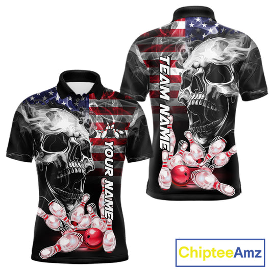 Smoke American Flag Skull Bowling Custom Polo Shirt For Men Patriotic Bowling League Team Jersey