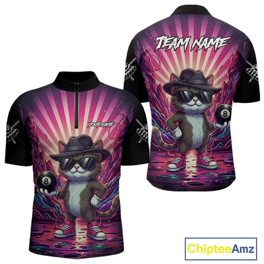 Funny Cat 8 Ball Billiard Shirt For Men Custom Neon Graffiti Billiard Jersey Team Polo & 1/4 Zip TDM5444