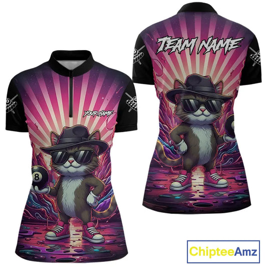 Funny Cat 8 Ball Billiard Shirt For Women Custom Neon Graffiti Billiard Jersey Team Polo & 1/4 Zip TDM5444