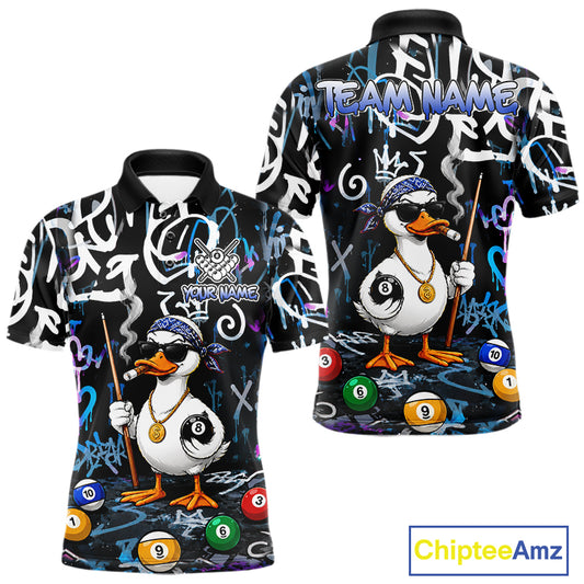 Colorful Graffiti Funny Duck 8 Ball Billiard Shirt For Men Custom Pool Team Jersey Polo & 1/4 Zip TDM6497