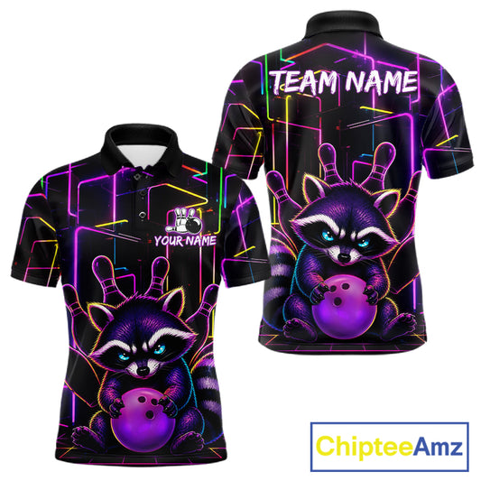 Funny purple neon raccoon bowling polo shirt for men with custom bowling team graphics.