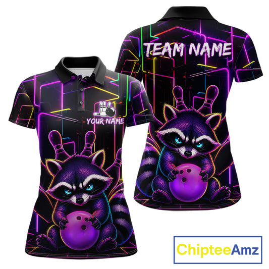 Funny purple neon raccoon bowling polo shirt for women with custom bowling team graphics.