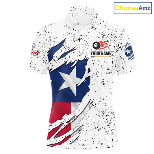 Black grunge Texas flag 8 ball pool billiard team jersey polo shirt for men featuring distressed Texas flag artwork with bold patriotic styling, premium custom pool league apparel for tournaments, league play and competitive billiard teams.