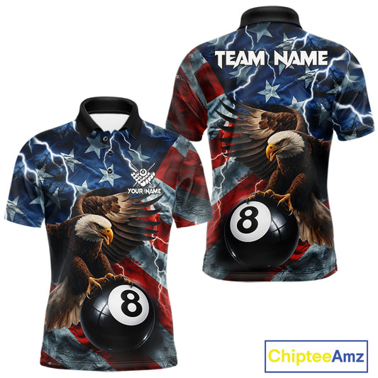 American flag eagle lightning 8 ball billiard pool team jersey polo shirt for men featuring patriotic eagle artwork with lightning effects, premium custom pool league apparel for tournaments and league play.