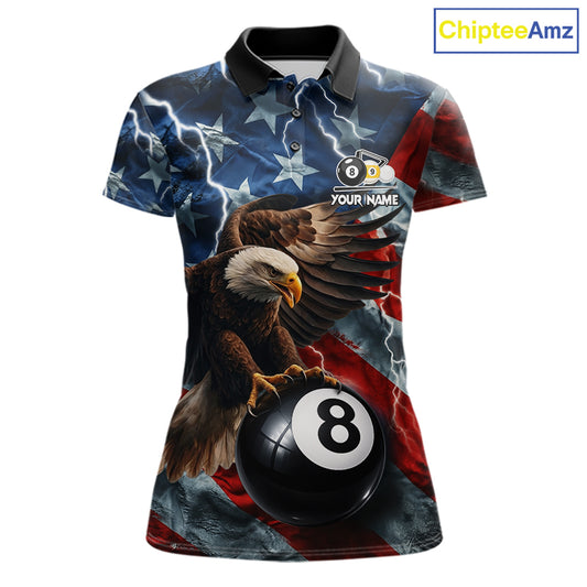 American flag eagle lightning 8 ball billiard pool team jersey polo shirt for women featuring patriotic eagle artwork with lightning effects, premium custom pool league apparel for tournaments and league play.