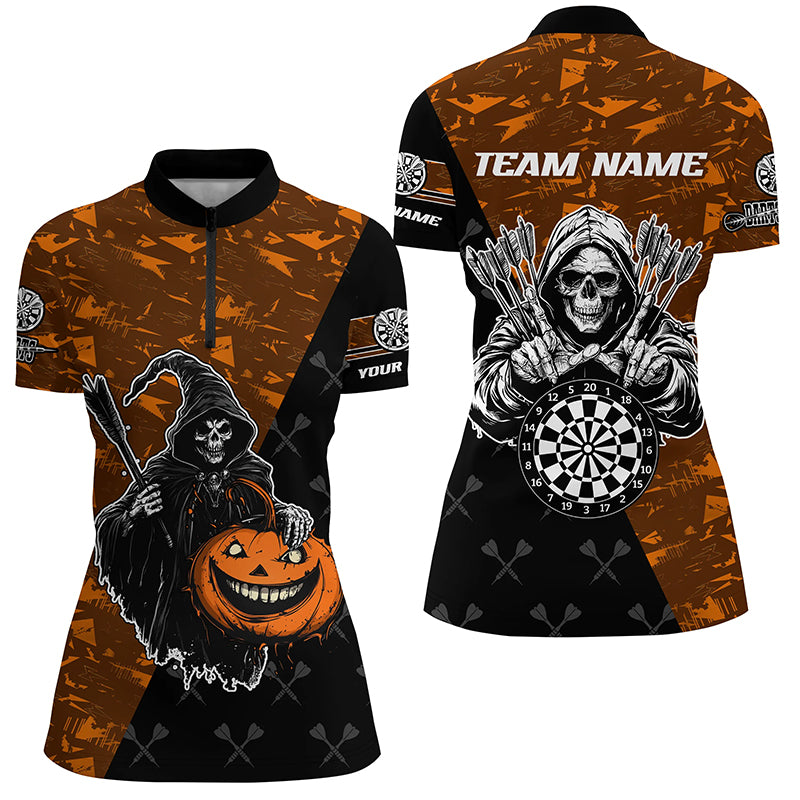 Personalized Orange Abstract Grim Reaper Halloween Darts Shirts For Women, Darts Jerseys TDM2736