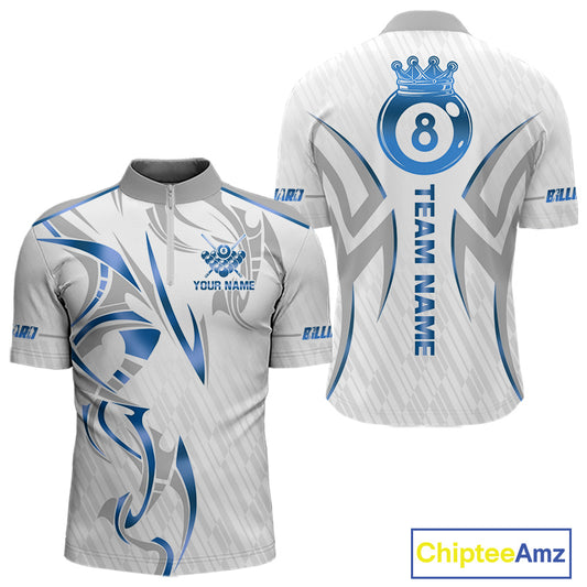 White And Blue Crown 8 Ball Men's Billiards Shirts Custom Billiard Jersey Team Polo & 1/4 Zip TDM5213