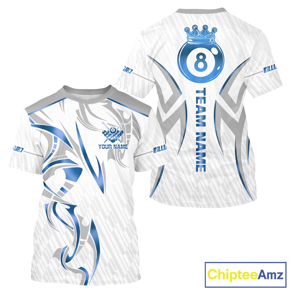 White And Blue 8 Ball Crown Billiard T-Shirt For Men Custom Billiard Jersey, Pool Team Shirts TDM5213