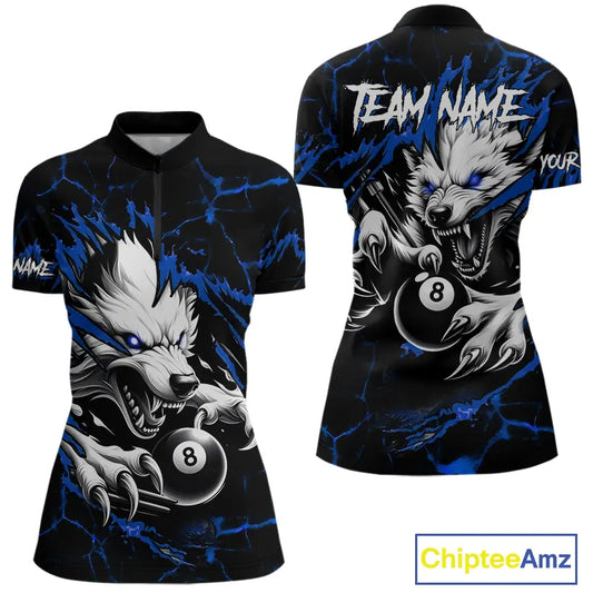 Personalized Thunder Lightning Wolf Billiard Shirts For Women Custom Billiard Team Jerseys |Blue TDM5466