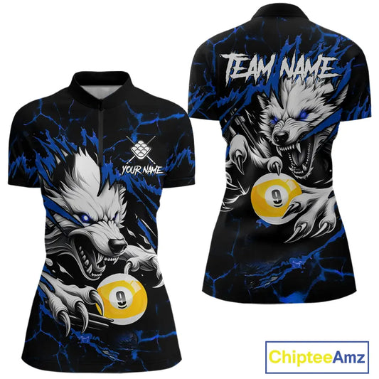 Personalized 9 Ball Pool Wolf Billiard Shirts For Women, Billiard Team Jersey Polo & 1/4 Zip |Blue TDM5468