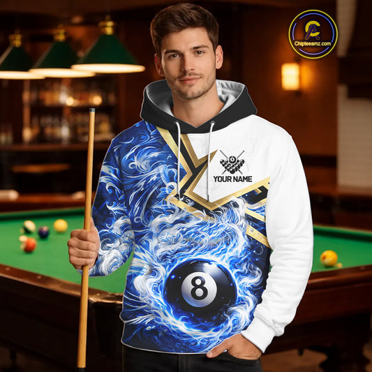 Blue 8 Ball Flame Smoke Golden Billiard Hoodie For Men And Women Custom 8 Ball Pool Hoodie Jersey TDM5735