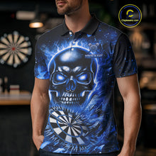 Load image into Gallery viewer, Blue Flaming Skull Dartboard Shirt For Men Custom Darts League Team Jersey Polo & Quarter Zip TDM5011