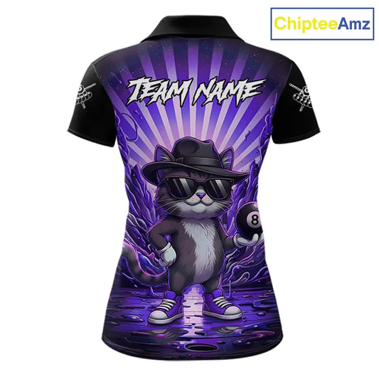 Funny Cat 8 Ball Billiard Shirt For Women Custom Purple Neon Graffiti Billiard Jersey Polo, 1/4 Zip TDM5743