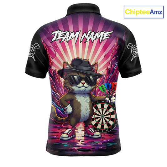 Pink Funny Cat Dartboard Neon Graffiti Darts Shirt For Men Custom Darts Jersey Team Polo & 1/4 Zip TDM5744