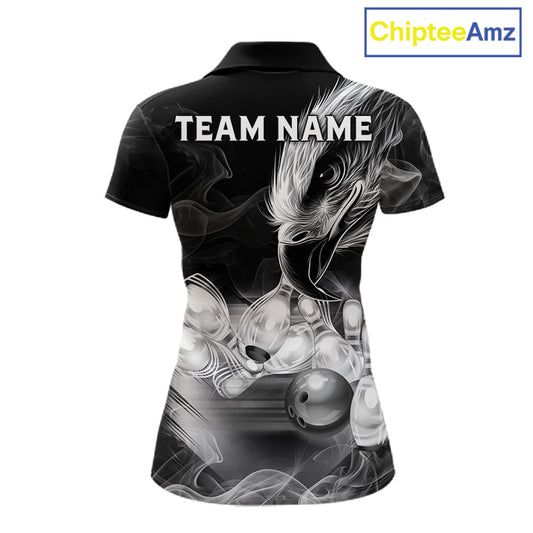 Black And White Custom Eagle Smoke Bowling Shirt For Women, Bowling Team Jersey Polo & 1/4 Zip TDM6356