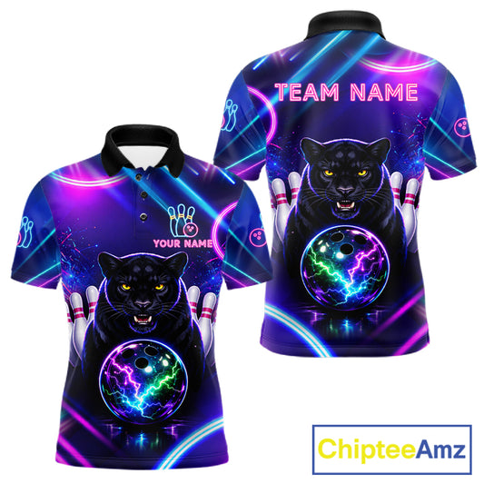Neon Blue Purple Custom Panther Bowling Shirt For Men, Glowing Bowling Team Jersey Polo & 1/4 Zip TDM6358