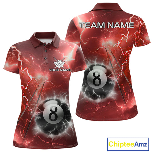 Personalized red thunder lightning 8 ball billiard team jersey polo shirt for women featuring fiery red lightning artwork, premium custom pool team apparel.