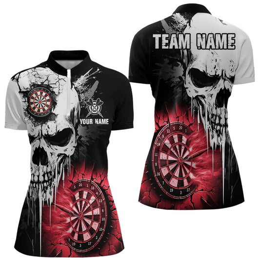 Personalized Grunge Skull Crack Wall Women Dart Shirts Custom Scary Darts League Team Jerseys |Red TDM2786
