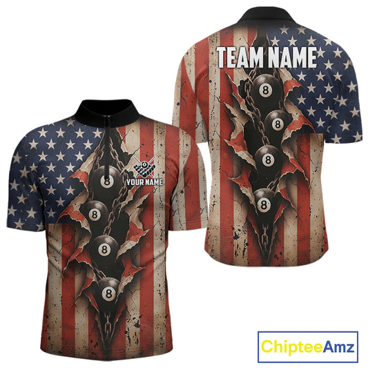 Vintage American Flag Chain 8 Ball Pool Billiard Shirt For Men Custom Patriotic Billiard Jerseys TDM5244