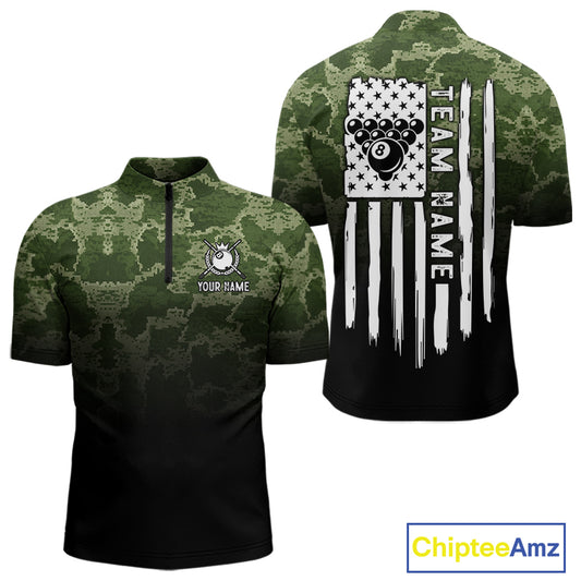 Black And Green Camo American Flag 8 Ball Billiard Shirt For Men Custom Patriotic Pool Team Jersey TDM5036