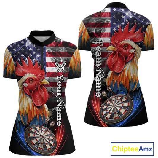 American Flag Smoke Rooster Darts Shirt For Women Custom Patriotic Darts Jersey Team Polo, 1/4 Zip TDM5257