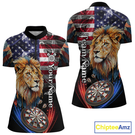 American Flag Smoke Lion Darts Shirt For Women Custom Patriotic Darts Jersey Team Polo, 1/4 Zip TDM5258