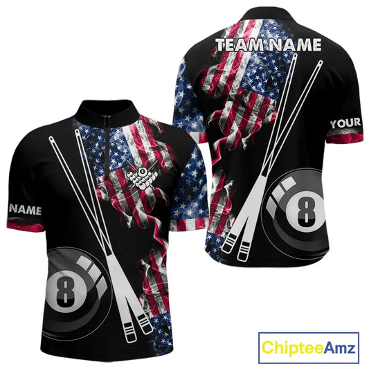 Personalized US Flag Smoke 8 Ball Pool Billiard Shirt For Men Custom Patriotic Billiard Team Jersey TDM5516