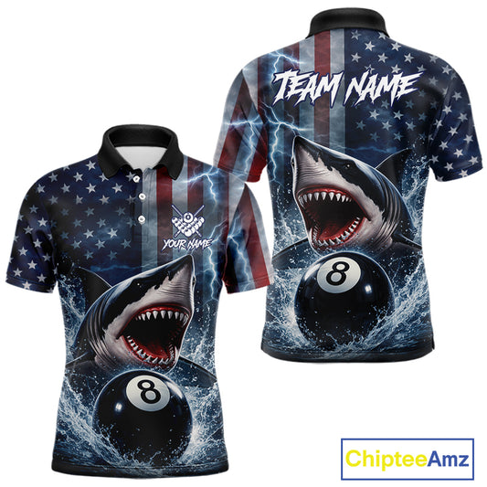 American Flag Shark 8 Ball Billiard Shirt For Men Custom Lightning Patriotic Pool Team Jersey TDM5769
