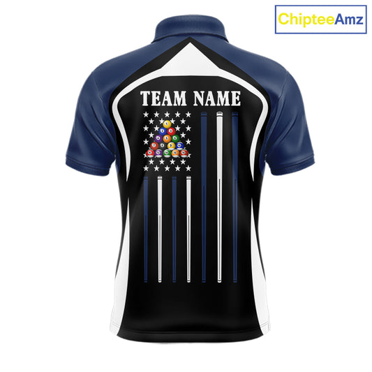 Blue Funny 8 Ball Pool US Flag Billiard Shirt For Men Custom Billiard Team Jersey Polo & 1/4 Zip TDM6365