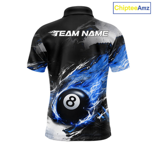 Custom Blue Flaming 8 Ball Pool Billiard Shirt For Men, Billiard Team Jersey Polo & 1/4 Zip TDM6370
