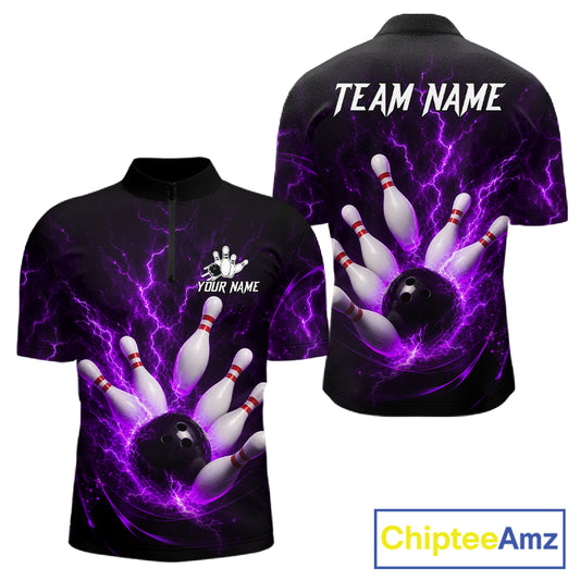 Personalized Purple Thunder Lightning Bowling Jersey For Men, Bowling League Shirts Polo & 1/4 Zip TDM6574