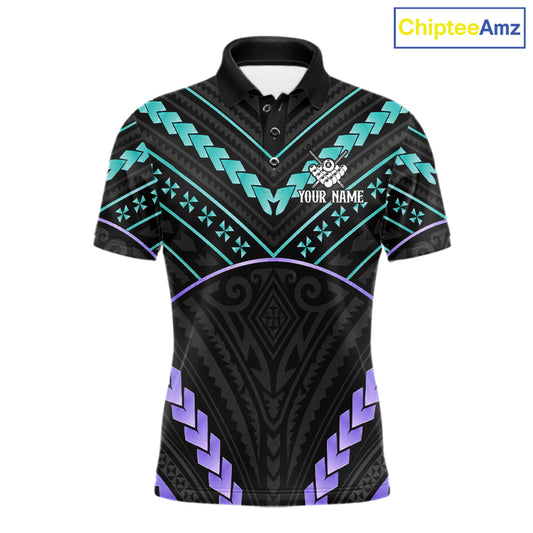 Teal and purple 8 ball tribal billiard polo shirt for men with custom pool team graphics.