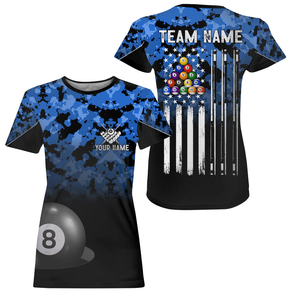 8 Ball Pool Blue Camo Custom Billiard T-Shirts For Women, Patriotic US Flag Billiard Team Jersey TDM2313