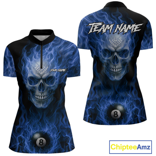 Blue Flaming Skull 8 Ball Fire Billiard Shirt For Women Custom Billiard Team Jersey Polo & 1/4 Zip TDM5063