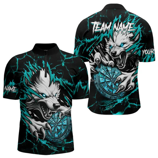 Personalized Wolf Lightning Darts Polo & Quarter Zip Custom Men Dart Shirts Darts Jersey |Turquoise TDM3772