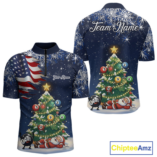 Funny Santa Christmas Billiard Shirts For Men Custom US Flag Xmas Pine Tree Pool Team Shirt TDM5289