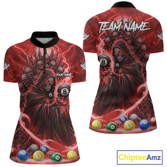 Red Grim Reaper Lightning Billiard Shirt For Women Custom 8 Ball Pool Jersey Team Polo & 1/4 Zip TDM5294