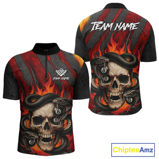 Personalized Skull And Snakes Flame Billiard Shirt For Men Custom 8 Ball Pool Team Jersey |Red TDM5084