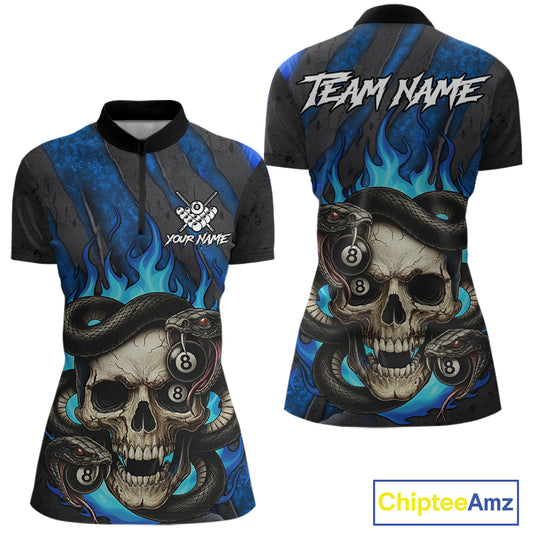Personalized Skull And Snakes Flame Billiard Shirt For Women Custom 8 Ball Pool Team Jersey |Blue TDM5085
