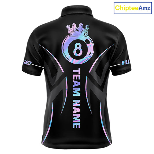 Custom Holographic 8 Ball Crown Billiard Shirts For Men, Pool Team Jersey Polo & 1/4 Zip |Black TDM6191