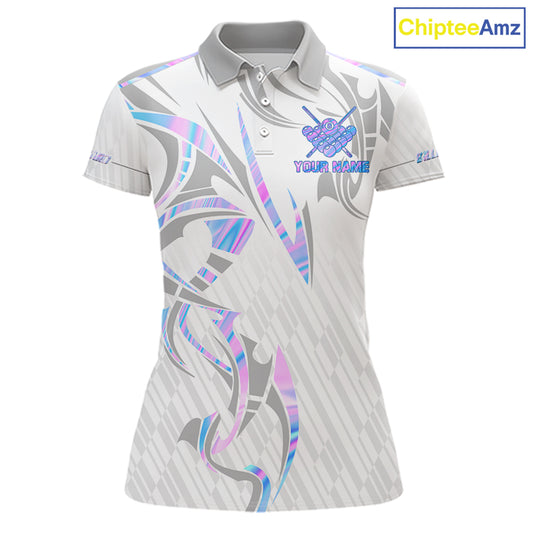 Custom Holographic 8 Ball Crown Billiard Shirts For Women, Pool Team Jersey Polo & 1/4 Zip |White TDM6195