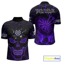 Load image into Gallery viewer, Personalized Skull Cracks Pattern Purple Darts Shirt For Men, Darts League Jersey Polo & 1/4 Zip TDM5106