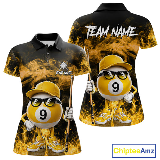 Yellow 9 ball flame smoke custom billiard polo shirt for women with bold fire graphics.