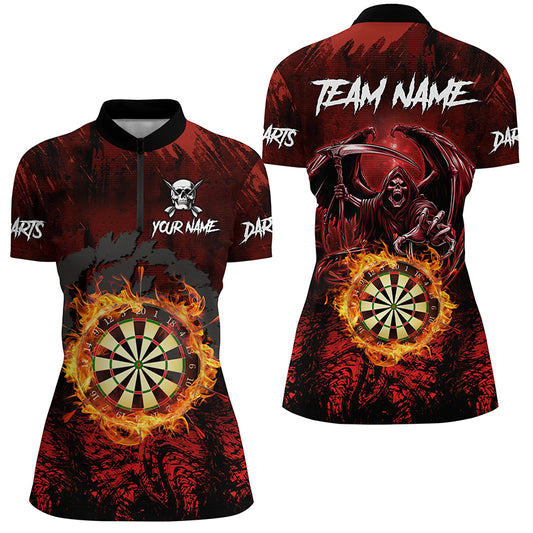 Personalized Red 3D Dart Board Fire Women Dart Shirts, Grim Reaper Dart Jerseys Dart Outfit TDM2871