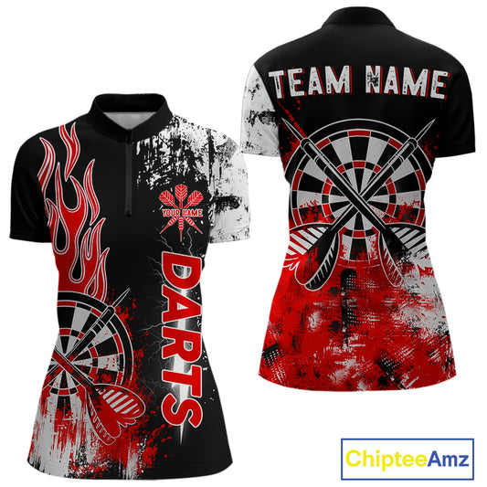 Personalized Red Grunge Womens Dart Shirts Custom Dart Jerseys Team Polo & 1/4 Zip, Darts Uniform TDM5121